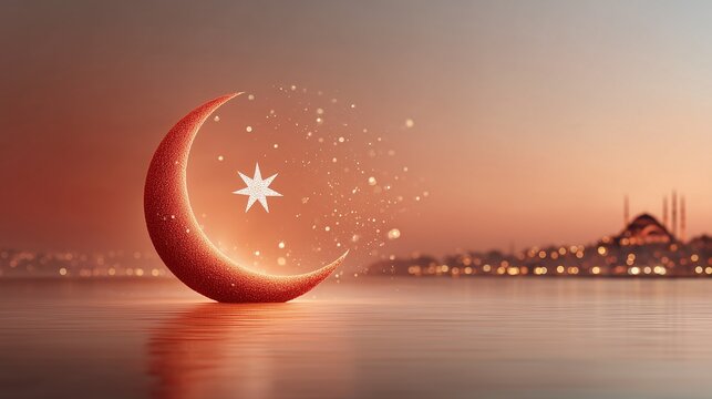 Glowing Turkish Crescent Moon and Star Over Bosphorus at Sunset With Mosque Silhouette and City Lights, National Symbolism and Cultural Heritage Concept