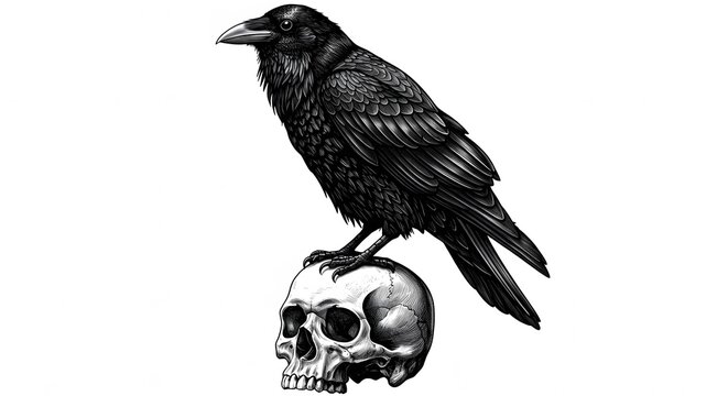 Black Crow Perched on Skull Artistic Illustration Dark Gothic Style