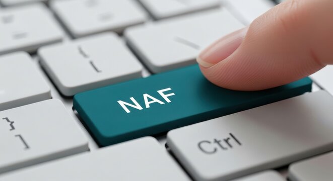 Macro Close-up of a Finger Pressing a Teal "NAF" Keyboard Key on a Light Grey Modern Keyboard for French Business Activity Classification