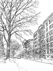 Obraz premium Snowy 90s city neighborhood, brick buildings and quiet streets, vector illustration art