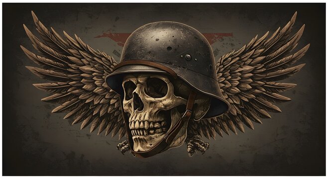 Skull with Military Helmet and Angel Wings Artistic Illustration for Dark Gothic or Military Themed Design