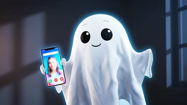 Cute 3D cartoon ghost holding smartphone during video call, floating in dark room with blue rim lighting, friendly Halloween technology concept