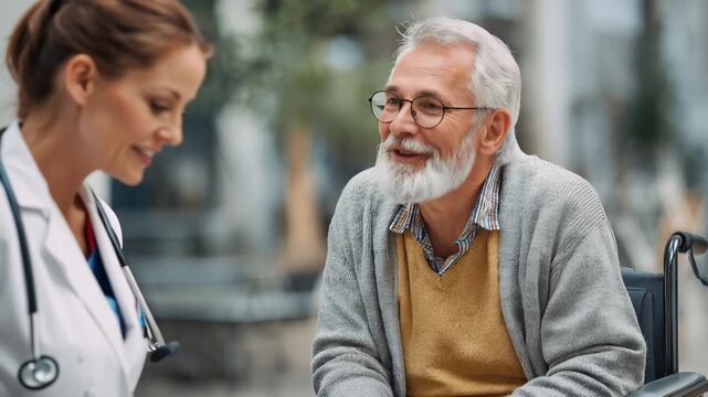 Female doctor discusses health with senior man in wheelchair at medical facility during daytime, demonstrating compassionate patient care and communication skills