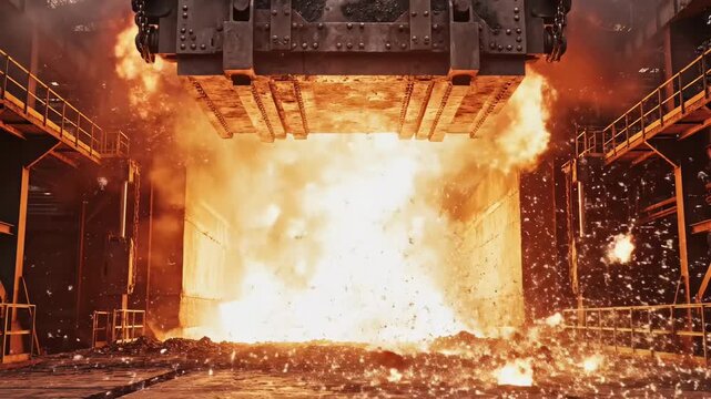 Industrial explosion in a large factory warehouse with debris and fire.