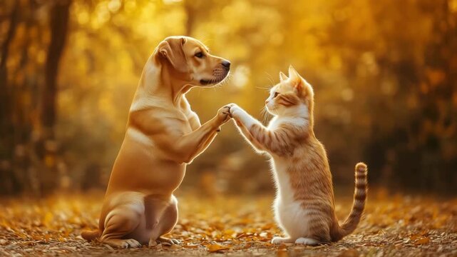 A dog and a cat play together touching paws in a forest surrounded by autumn leaves during the afternoon light