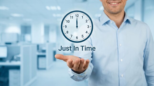 A smiling man in a light blue shirt holds out his open palm with a clock showing 12 00 above it and the text Just In Time below the clock face deadline punctuality schedule