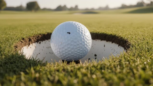 A golf ball rests on the lip of the hole on a green, surrounded by neatly cut grass