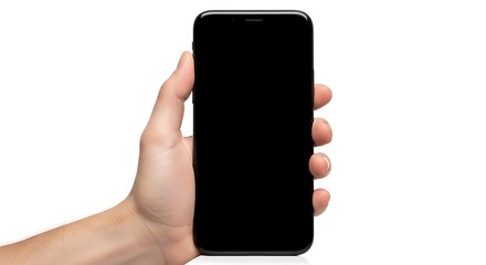A hand holding a black smartphone with a blank screen