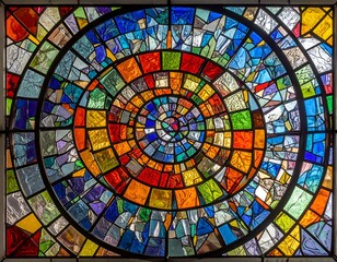A circular stained-glass window showcasing concentric circles of vibrant, fragmented glass