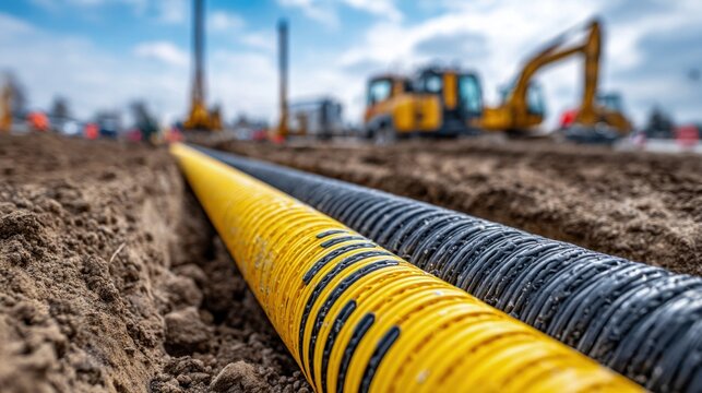Underground utility pipes in a construction trench with heavy machinery in the background