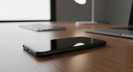 Close-up of a sleek black smartphone resting on a wooden desk with blurred background.