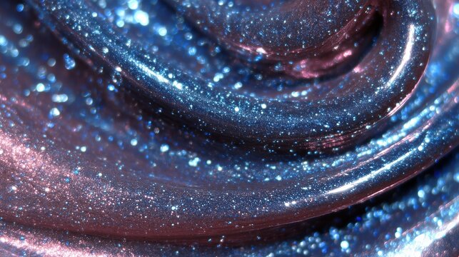 A mesmerizing abstract texture featuring a luxurious blend of shimmering blue and pink glitter particles swirling in a dynamic, iridescent liquid-like flow, creating a vibrant, elegant, and cosmic bac