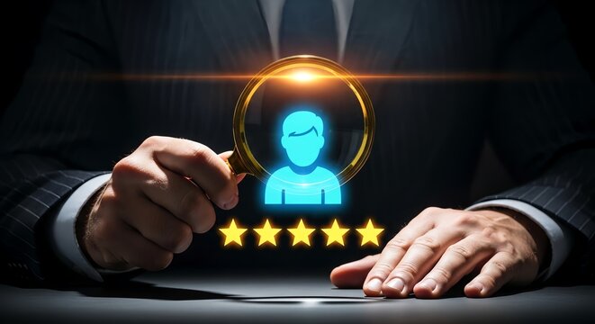 Businessman rating customer with five star feedback