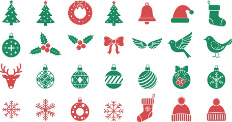 Red and green Christmas holiday icon set with tree reindeer snowflake and ornaments for winter festive design cad drawing flat, © Munmun