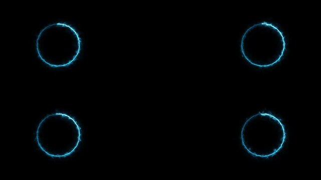 Neon blue four circles glowing frame animation motion graphics on isolated dark black background.