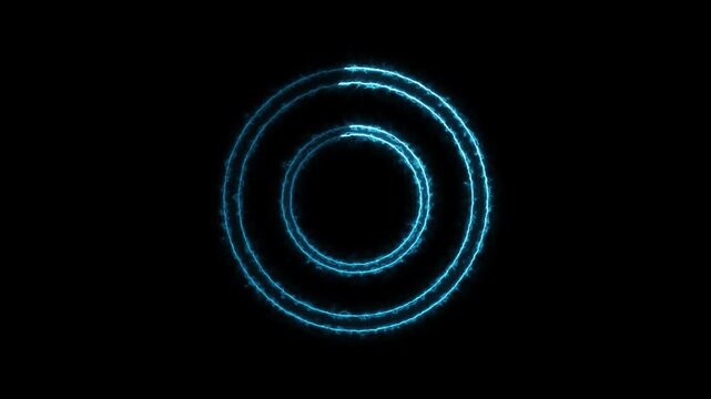 Neon blue double concentric circles glowing frame animation motion graphics on dark black background.
