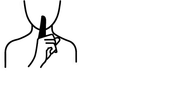Hand over mouth, gesturing silence