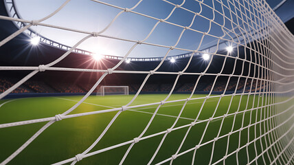 Close-Up of Tensioned Goal Net with Stadium Lights