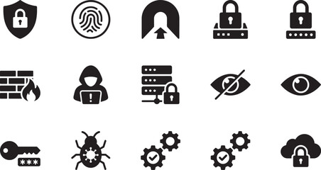 Cyber Security and Data Protection Solid Icons Set with Shield, Fingerprint, VPN, Firewall, Hacker, Lock and Bug Symbols © Ahmed
