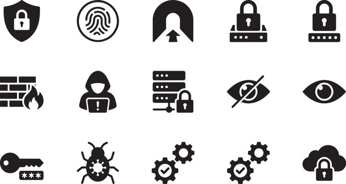 Cyber Security and Data Protection Solid Icons Set with Shield, Fingerprint, VPN, Firewall, Hacker, Lock and Bug Symbols