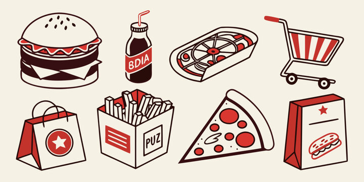 Assorted food items including snacks and drinks arranged on a table Vector