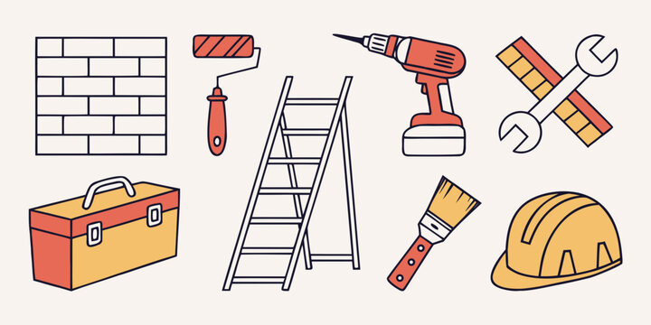A variety of tools and materials for home improvement and construction projects Vector