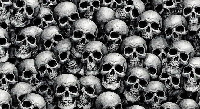 Black and White Skulls Pattern Dense Arrangement Gothic Style Memento Mori Decorative Design