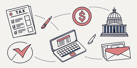 Conceptual illustration of financial and political themes with various icons Vector