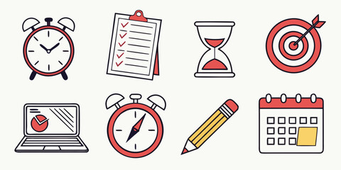 A collection of icons representing time management and productivity tools Vector