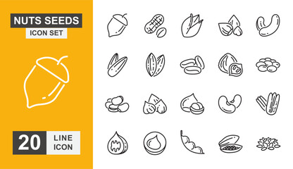 Nuts seeds icon set. nut, almond, walnut, peanut, protein, hazelnut and more line icon. © zayyan