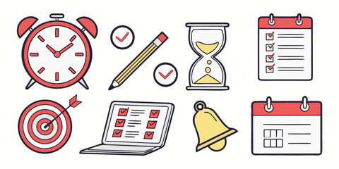 A collection of various icons representing time management and productivity tools. Vector