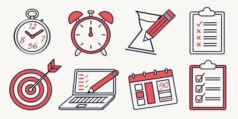 A collection of icons representing time management and productivity tools. Vector