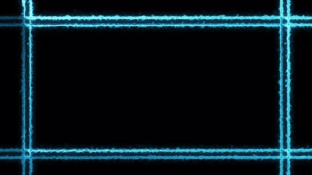 Blue neon glowing thin horizontal and vertical lines forming a grid frame with electric sparks.