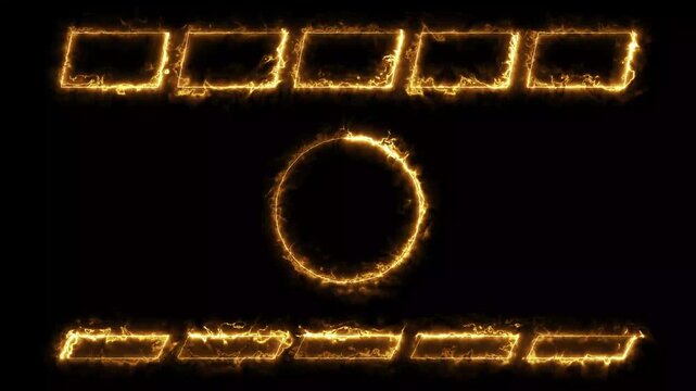 Golden neon glowing ticket shapes and circles with electric energy lightning sparks in horizontal layout.