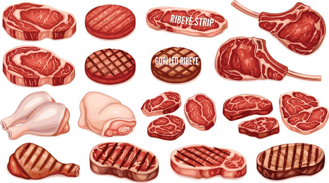 Raw and Grilled Steak Meat Collection with Ribeye Strip and BBQ Cuts Butcher Vector Illustration Set