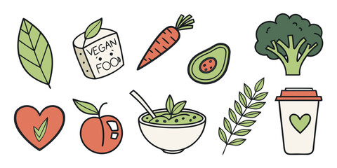 Assorted healthy food icons representing various fruits, vegetables, and heart symbols. Vector