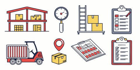 A collection of icons representing various aspects of business and industry. Vector