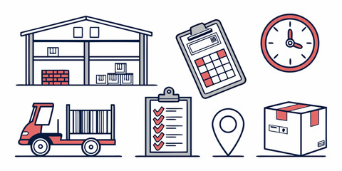 Illustrations of various logistics and delivery services with a clock and calendar. Vector