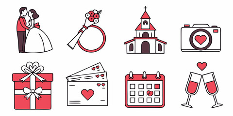 A collection of icons representing various aspects of weddings and marriage Vector