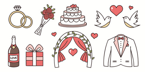 A delightful assortment of wedding-themed icons and symbols. Vector