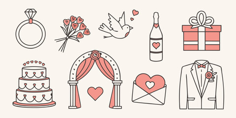A collection of wedding symbols and icons representing love and celebration Vector
