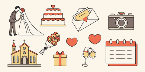 A collection of icons representing various aspects of weddings and celebrations. Vector