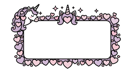 Enchanting lavender and pink unicorn frame adorned with sparkling hearts, perfect for whimsical invitations, cards, or magical announcements