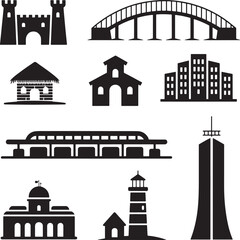 Obraz premium Architecture set with castle bridge hut city buildings monorail lighthouse and skyscraper icons