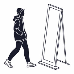 A person wearing a mask and a backpack walking past a mirror. Vector