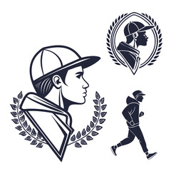 A collage of three distinct images featuring a baseball player, a runner, and a logo Vector