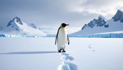 Obraz premium Majestic Emperor Penguin Walking on Frozen Antarctic Landscape with Snowy Mountains