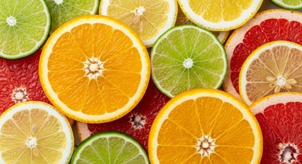 Obraz premium Vibrant Citrus Fruit Slices - Oranges, Lemons, Limes, and Grapefruit, Colorful and Fresh.