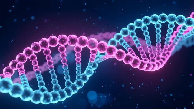 Glowing d n a helix animation with pink and blue light effects in space background 4K HD high quality video.
