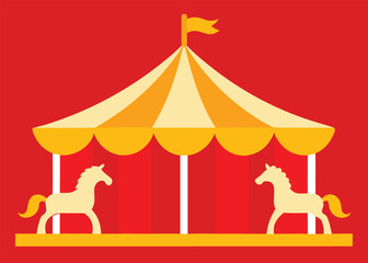 A classic red and gold striped carnival carousel with two white horses on a vibrant red background.